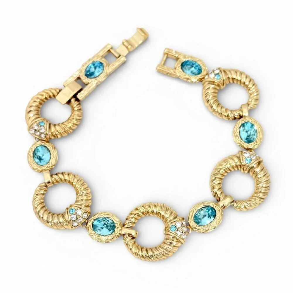 Vntg. Princess Grace Collection Gold Tone Bracelet w/Aqua Crystals & Rhinestones - Picture 4 of 15